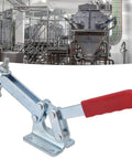 Heavy Duty Toggle Clamp 630kg Holding Horizontal Quick Release Hold Down Clamp for woodworking jigs and fixtures welding; front view showing metal construction and red handle against industrial background.