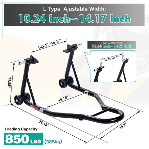 850 Lb Motorcycle Paddock Stand For Sport Bikes Rear Wheel Lift Swingarm Black Heavy Duty Steel with U and L Forks