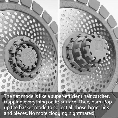 Two Pack Stainless Steel Drain Hair Catcher for Bathtub and Shower, showing flat and basket modes to trap hair and debris.