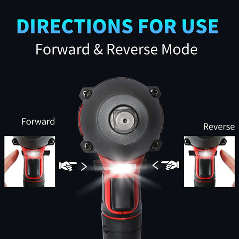 Cordless Impact Wrench Pro showing forward and reverse mode with directions for use display, 20V Max Brushless Power