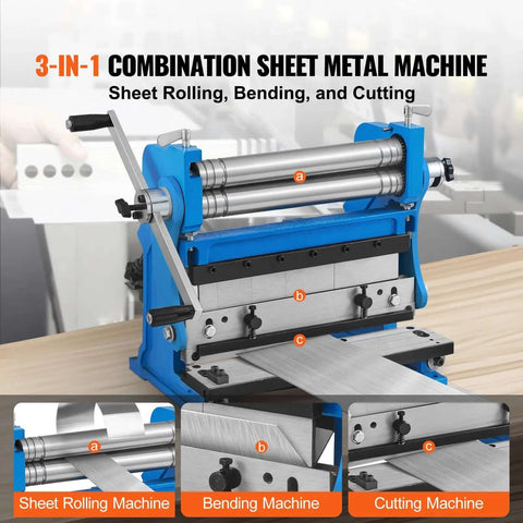 3-in-1 sheet metal machine for rolling, bending, and cutting with 12 inch width and 20 gauge capacity, ideal for home or shop use.