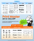 Print Master app features icons, fonts, templates on phone screens, part of Bluetooth Portable Label Printer For Small Biz Fast Thermal Label Maker For Barcodes Addresses Clothing Pricing Mail Jewelry Cables And More Works With Phone And PC package.