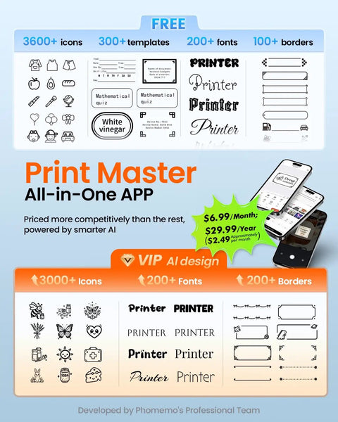 Print Master app features icons, fonts, templates on phone screens, part of Bluetooth Portable Label Printer For Small Biz Fast Thermal Label Maker For Barcodes Addresses Clothing Pricing Mail Jewelry Cables And More Works With Phone And PC package.