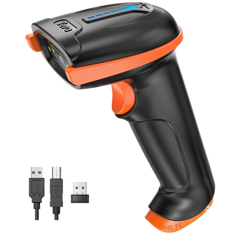 Wireless 1D Laser Barcode Scanner With Battery Level Indicator 2 In 1 2.4Ghz Wireless And USB 2.0 Wired Ergonomic Curved Handle For A Comfy Grip And All Day Battery Life