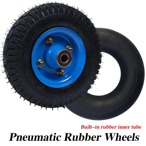 Heavy Duty Swivel Caster Set Featuring Thick Rubber Pneumatic Wheels Designed To Dampen Vibration On Rolling Furniture And Warehouse Carts equipped with a blue steel hub and built-in rubber inner tube.