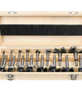 Sixteen Piece Dope Forstner Bit Set For Wood Drilling With Center Positioning displayed in a wooden case