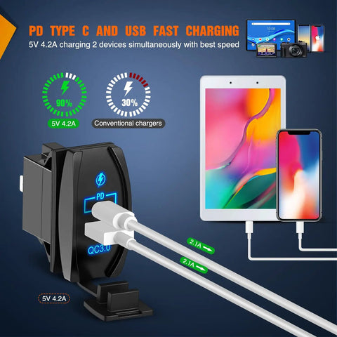Rocker Switch Style USB Outlet Socket Panel Mount Dual USB Ports 5V 2.1A Each with PD Type-C Fast Charge Replacement or Add-On Charger for 12V-24V Vehicles, Phones, Tablets, Cameras, GPS, black rocker switch charger mounted with two cables