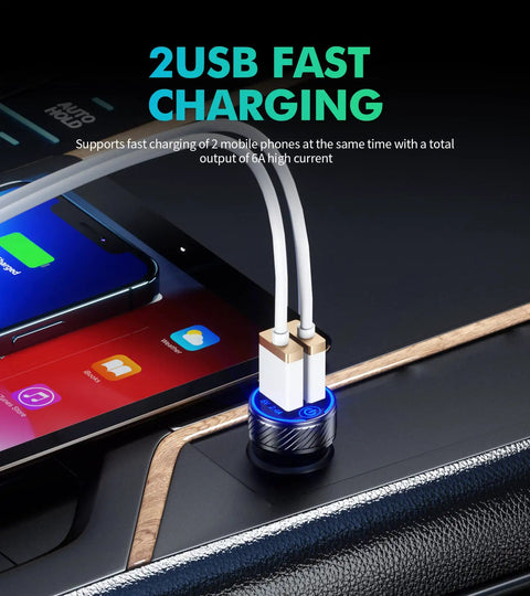 Grab And Go Dual Usb Car Charger With Fast Charge Ports Solid Cigarette Lighter Adapter for charging two devices simultaneously.
