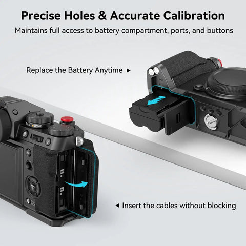 X T5 L Shape Grip With Built In Arca Quick Release Plate For Fujifilm X T5 Camera Comfy Silicone Handgrip And Easy Access Shutter Button One Quarter Twenty Threaded Holes Black Finish with open battery compartment