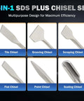 Six-piece SDS-Plus chisel set with tile, grooving, scraping, flat, point and scaling chisels (front view).