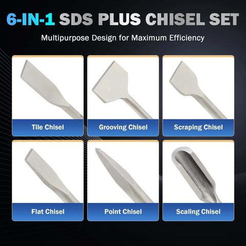 Six-piece SDS-Plus chisel set with tile, grooving, scraping, flat, point and scaling chisels (front view).