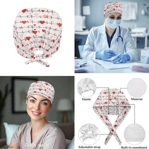 Heart Stethoscope Print Scrub Set For Women Three Piece V Neck Top Straight Leg Pants Cap Nurse Uniform All Day Comfort