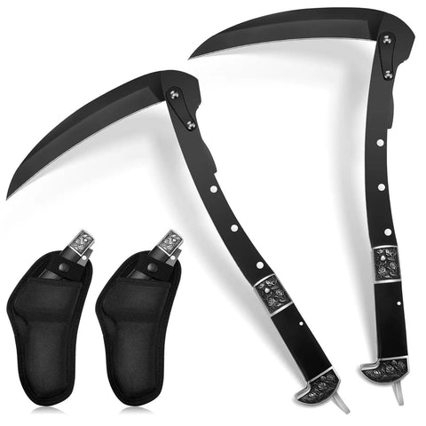 Two Pack Black Folding Sickle Fourteen Point Six Inch Grass Hand Sickle With Wooden Handle Portable Safety Manual Garden Tool