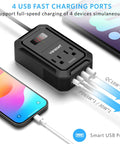 Roadtrip Ready Car Power Inverter Converts Dc 12V To Ac 110V With 200 Watt Output, featuring 4 USB fast charging ports.