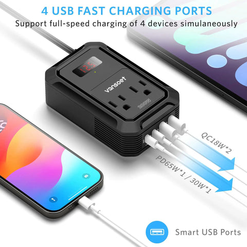Roadtrip Ready Car Power Inverter Converts Dc 12V To Ac 110V With 200 Watt Output, featuring 4 USB fast charging ports.