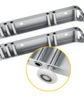 Heavy Duty Garage Door Top Fixture Brackets With Quiet Nylon Rollers For Residential Doors, Reinforcement And Opener Hookup, Easy Install, Fits Top Panel Or Track For Reliable Operation And Replacement illustrated with steel brackets and nylon roller close-up.
