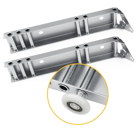 Heavy Duty Garage Door Top Fixture Brackets With Quiet Nylon Rollers For Residential Doors, Reinforcement And Opener Hookup, Easy Install, Fits Top Panel Or Track For Reliable Operation And Replacement illustrated with steel brackets and nylon roller close-up.