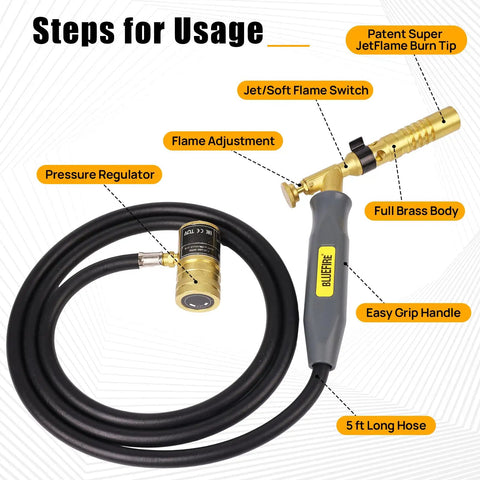 MRAS8210 Turbo Flame Propane Welding Torch With 5 Ft Hose featuring brass body, easy grip handle, and pressure regulator