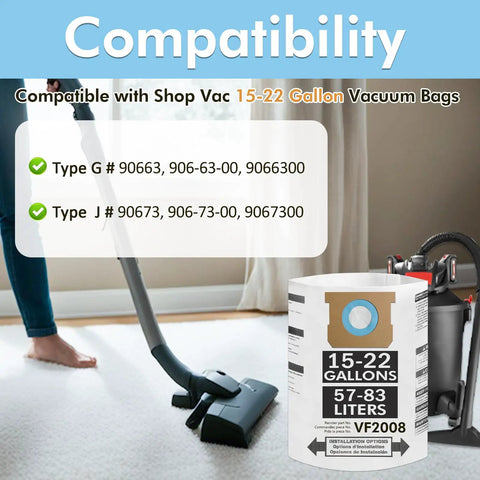 15 Pack Vacuum Bags For 15 To 22 Gallon Vacuums Type G/J 90663 90673; disposal instructions and compatibility chart displayed