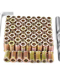 Set Of 50 Pro Grade Five Sixteenth By Eighteen Threaded Wood Inserts Flush Mount For Furniture And DIY Woodworking Projects Twenty Five Millimeter Length Carbon Steel Heavy Duty Reinforcement Nuts For Strong Joints displayed with drill and wrench