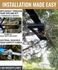 Backyard Zip Line Kit 200 Ft For Kids And Adults With 350 Lb Capacity 1/4 Inch Stainless Steel Cable Heavy Duty Outdoor Zipline System Spring Brake Ratchet Tension Cushioned Seat Easy Install Gift Idea showing ratchet and safety cable