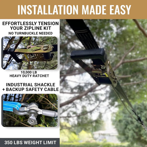 Backyard Zip Line Kit 200 Ft For Kids And Adults With 350 Lb Capacity 1/4 Inch Stainless Steel Cable Heavy Duty Outdoor Zipline System Spring Brake Ratchet Tension Cushioned Seat Easy Install Gift Idea showing ratchet and safety cable