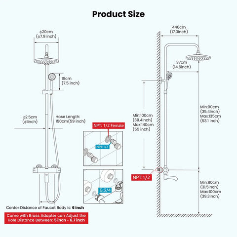 Diagram of Thermostatic Shower Faucet System With Exposed Plumbing 8 Inch Round Shower Head Wall Mounted 8 Modes ABS Handheld Sprayer Tub Spout Matte Black Finish No Fuss Easy Install For A Modern Spa Like Shower Experience, showing product dimensions and hose length.