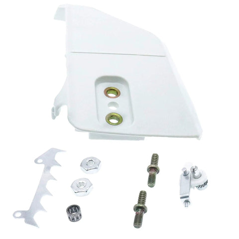 Heavy Duty Chainsaw Repair Kit Featuring Plug And Play Sprocket Cover Bumper Spike Chain Tensioner Plus Bearing Cage For Stihl Models components including sprocket cover and screws.