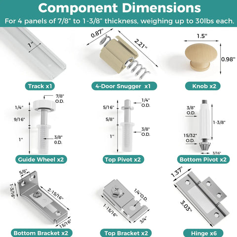 Complete 48 Inch Bifold Door Hardware Kit With Heavy Gauge Track And Quality Pivot Rollers For No Sweat Closet Fix and smooth bi folding slide every time, components dimensions and details.