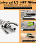 High Pressure Grease Gun Coupler For 10,000 PSI Systems, Leak Resistant One Eighth Inch NPT Thread Fitting, shown with manual, electric, pneumatic grease guns.
