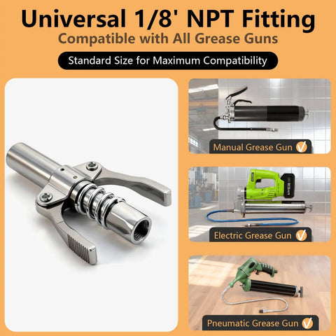 High Pressure Grease Gun Coupler For 10,000 PSI Systems, Leak Resistant One Eighth Inch NPT Thread Fitting, shown with manual, electric, pneumatic grease guns.