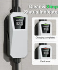 Road Trip Ready Portable EV Charger With 32 Amp Level Two Fast Charge power showing clear status indicators on screen.