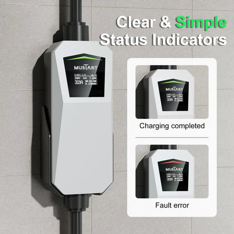 Road Trip Ready Portable EV Charger With 32 Amp Level Two Fast Charge power showing clear status indicators on screen.