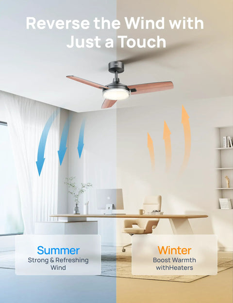 Smart Ceiling Fan With Lights, 42 Inch Black, 12 Speeds, shown in modern living room demonstrating bidirectional airflow for summer and winter