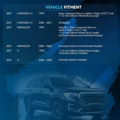 Vehicle fitment chart for Jeep models and an SUV image related to Front Brake Kit With Drilled And Slotted Rotors And Ceramic Brake Pads