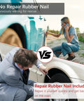 Comparison image showing 'No Repair Rubber Nail' on one side and 'Repair Rubber Nail Included' on the other, highlighting quick fixes with Top Shelf 60 Piece Tire Repair Screws Kit.