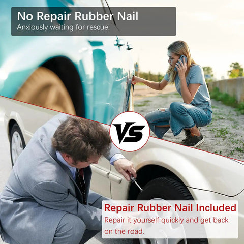Comparison image showing 'No Repair Rubber Nail' on one side and 'Repair Rubber Nail Included' on the other, highlighting quick fixes with Top Shelf 60 Piece Tire Repair Screws Kit.