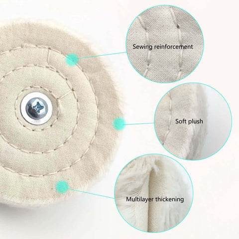 Close-up of the Pro Grade Drill Buffing Wheel Kit with 19 Piece Polishing Set showing sewing reinforcement and plush layers.