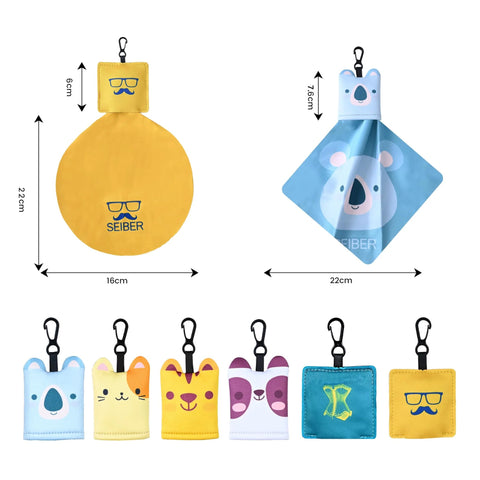 SEIBER microfiber glasses cleaning cloths, 6-pack; yellow round cloth with logo; blue koala cloth; assorted designs