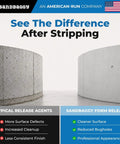 Heavy Hitter Concrete Form Release Agent And No Mess Form Oil For Top Shelf Finishes in a side-by-side comparison of concrete surfaces after stripping.