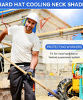 Stay Frosty On Site With This Reusable Cooling Hard Hat Neck Shade For Trade Teams, shown on worker at construction site.