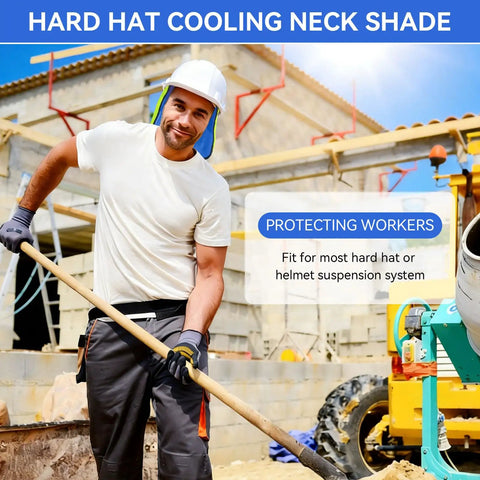 Stay Frosty On Site With This Reusable Cooling Hard Hat Neck Shade For Trade Teams, shown on worker at construction site.