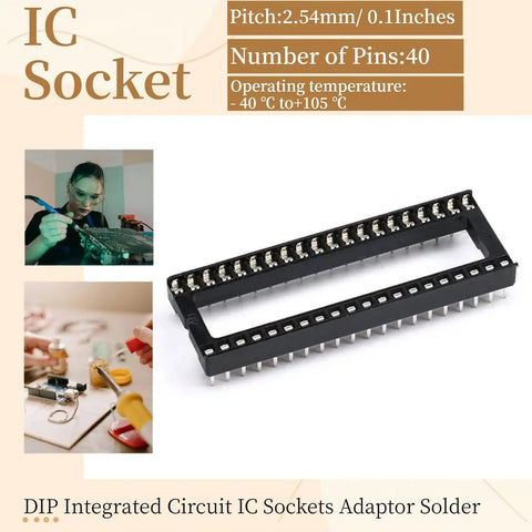 8 Pack 40 Pin DIP IC Socket Adapters 2.54mm Pitch Dual Row on white background with packaging details.