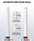 EVOULTES heavy-duty tire pressure gauge with dual PSI and BAR scales; 10–150 PSI and 0–10 BAR, includes four valve caps
