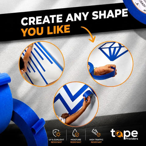 Blue Painter's Tape 2 Inch by 60 Yards Six Pack High-Performance Masking Tape for various shapes on surfaces.