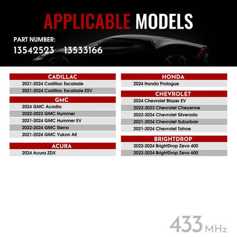 Image listing applicable models for Preprogrammed Tpms Tire Pressure Sensors Fit Gm Trucks And Suvs 433 Mhz Monitoring Kit 4 Pack.