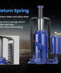 20 Ton Air Hydraulic Bottle Jack For Auto And Truck Repair With Manual Hand Pump Beefy Heavy Duty Pneumatic Lift featuring return spring and manual lever in blue steel, focus on durability and stability on construction sites.