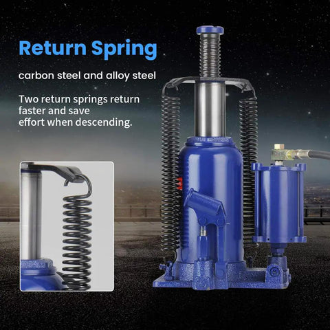 20 Ton Air Hydraulic Bottle Jack For Auto And Truck Repair With Manual Hand Pump Beefy Heavy Duty Pneumatic Lift featuring return spring and manual lever in blue steel, focus on durability and stability on construction sites.