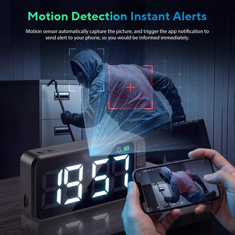 Super Sleek Hidden Camera Clock With 4K Wireless WiFi Surveillance detecting motion with alerts on phone while monitoring room.