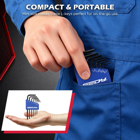 Dope 7 Piece Metric Hex Key Set With L Shaped Allen Wrenches being placed in a blue pocket